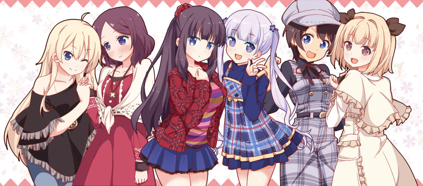 6+girls :d ;) bangs blonde_hair blue_eyes blunt_bangs brown_eyes brown_hair capelet dress frills hat highres iijima_yun kisachi lavender_hair long_hair looking_at_viewer miniskirt multiple_girls new_game! off_shoulder one_eye_closed open_mouth overalls plaid plaid_dress plaid_shirt pleated_dress pleated_skirt poncho ponytail purple_hair shinoda_hajime shirt short_dress short_hair skirt smile striped striped_shirt suzukaze_aoba takimoto_hifumi tooyama_rin twintails v very_long_hair violet_eyes yagami_kou