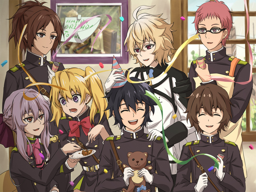 2boys 5girls ahoge black-framed_eyewear black_hair blonde_hair bow bowtie brown_eyes brown_hair closed_eyes cookies_(1503) earrings gloves green_ribbon hair_between_eyes hair_ribbon hand_on_another's_shoulder hiiragi_shinoa holding hyakuya_mikaela hyakuya_yuuichirou indoors jewelry kimizuki_shihou long_hair military military_uniform mole mole_under_eye multiple_boys multiple_girls necktie owari_no_seraph parted_lips pink_ribbon ponytail purple_bow purple_bowtie purple_hair purple_necktie purple_ribbon red_bow red_bowtie red_eyes redhead ribbon sanguu_mitsuba saotome_yoichi short_hair spiky_hair stuffed_animal stuffed_toy teddy_bear twintails uniform very_long_hair violet_eyes white_gloves window yellow_ribbon