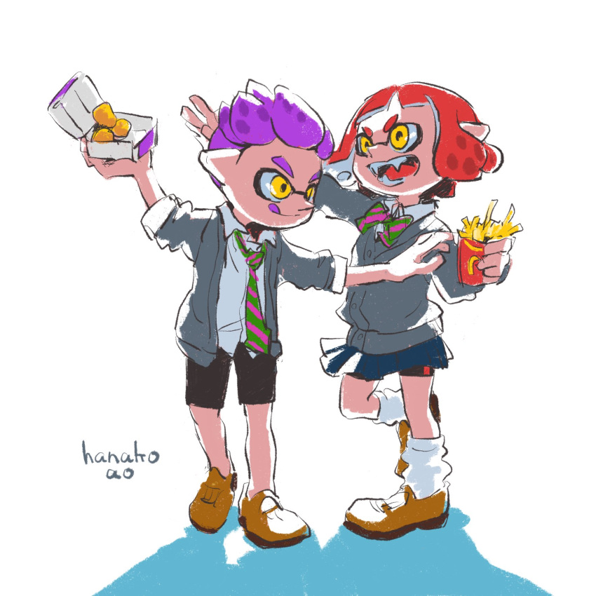 1boy 1girl bow chicken_nuggets food french_fries full_body highres inkling licking_lips mcdonald's necktie pink_hair purple_hair reaching school_uniform short_hair splatoon splatoon_2 tongue tongue_out yellow_eyes