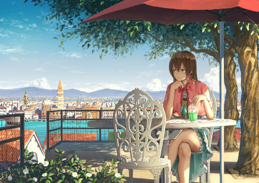 1girl balcony bendy_straw blue_dress blue_eyes blue_sky bow bowtie brown_hair capelet chair chin_rest city cityscape clouds cup daisy day dress drinking_glass drinking_straw elbow_rest expressionless flower frilled_skirt frills gem highres holding k_ryo legs_crossed looking_to_the_side mountain original outdoors railing red_bow red_bowtie shade shadow short_hair sitting skirt sky solo stairs straw table tree umbrella water
