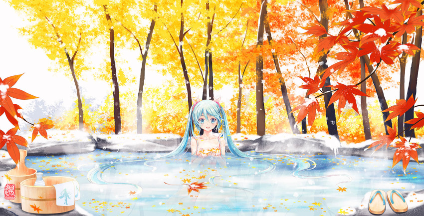 1girl blue_eyes blue_hair breasts collarbone day floating_hair hair_between_eyes hair_ornament hatsune_miku highres leaf long_hair nude onsen open_mouth outdoors partially_submerged sanaa sideboob sitting small_breasts snow solo tree twintails very_long_hair vocaloid