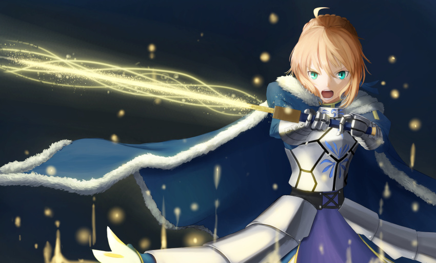 1girl ahoge armor armored_dress artoria_pendragon_(all) blonde_hair blue_cape blue_dress cape dress excalibur fate/stay_night fate_(series) gauntelts green_eyes highres holding holding_sword holding_weapon izumo_(ton_63) looking_at_viewer open_mouth saber short_hair solo standing sword weapon