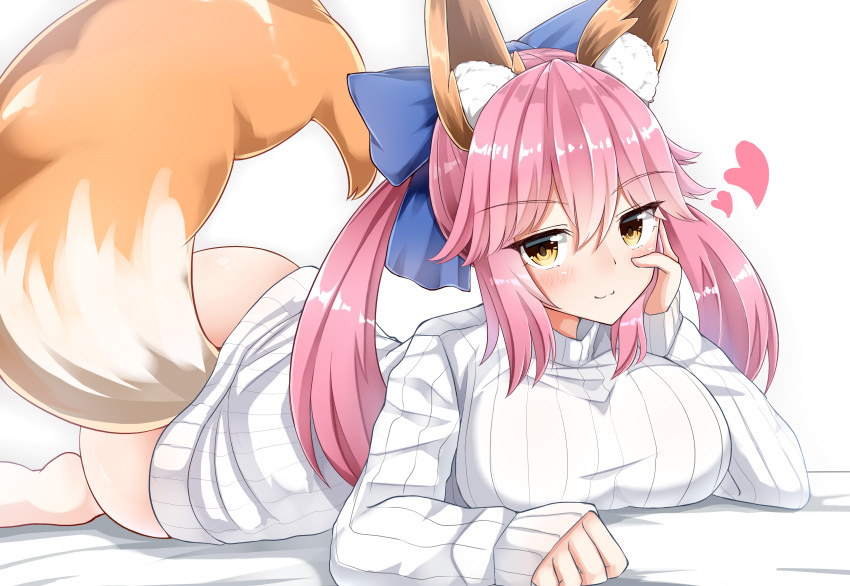 1girl :3 absurdres alternate_costume animal_ears blush bottomless bottomless_female breasts calligraphy_brush calligraphy_brush_(medium) closed_eyes fate/extra fate/grand_order fate_(series) fox_ears fox_tail graphite_(medium) grey_background hand_on_own_face heart highres large_breasts looking_at_viewer lying moyoron no_panties on_stomach paintbrush pink_eyebrows pink_hair simple_background solo tail tamamo_(fate)_(all) tamamo_no_mae_(fate) traditional_media yellow_eyes