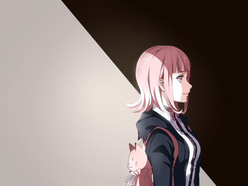 1girl black_jacket dangan_ronpa dress_shirt hood hooded_jacket jacket nanami_chiaki neck_ribbon open_clothes open_jacket pink_eyes pink_hair pink_ribbon ribbon shi_er_xian shirt short_hair solo standing super_dangan_ronpa_2 upper_body white_shirt