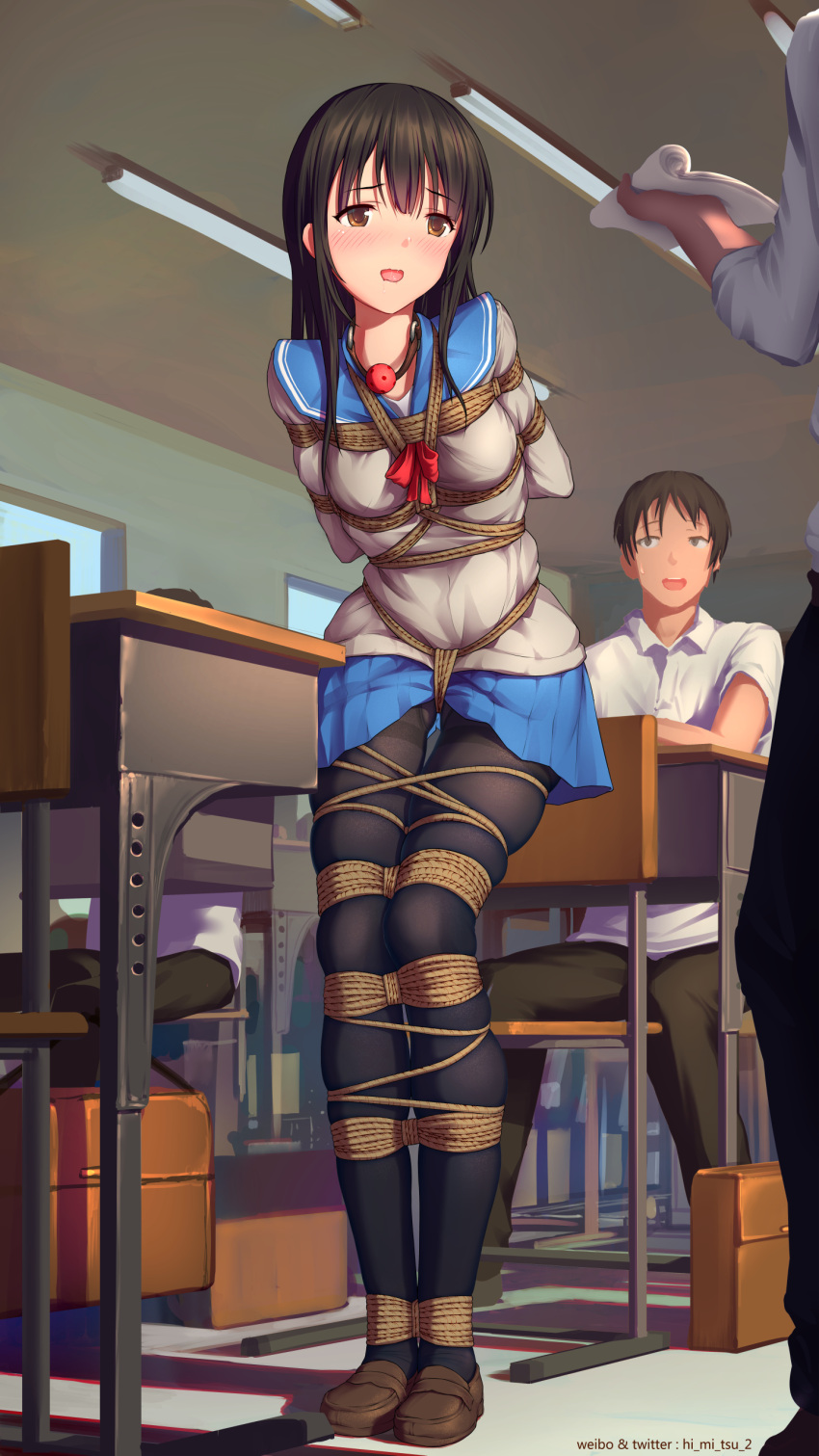 1girl 3boys absurdres arms_behind_back artist_name bdsm black_legwear blue_skirt blush bondage brown_eyes brown_hair chair classroom commentary_request highres long_hair long_sleeves looking_at_another multiple_boys open_mouth original pantyhose rope sailor_collar saliva school_uniform serafuku shibari skirt standing table thigh_gap tokinohimitsu