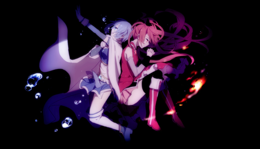 2girls back-to-back black_background blue_eyes blue_hair boots bubble cape detached_sleeves fire gloves hair_ribbon hands_clasped hiiragi_fuyuki long_hair magical_girl mahou_shoujo_madoka_magica miki_sayaka multiple_girls outstretched_hand ponytail red_eyes redhead ribbon sakura_kyouko short_hair skirt smile