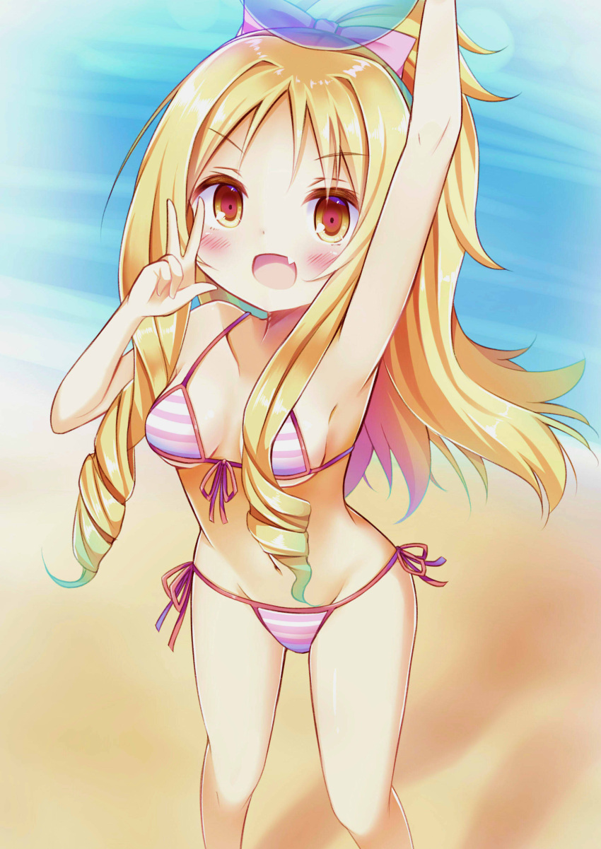 1girl :d absurdres arm_up armpits ball bare_arms bare_legs bare_shoulders beach beachball bikini blonde_hair blush bow breasts brown_eyes collarbone commentary_request day drill_hair eromanga_sensei esureki eyebrows_visible_through_hair fang front-tie_bikini front-tie_top hair_bow halter_top halterneck high_ponytail highres long_hair looking_at_viewer medium_breasts navel object_on_head ocean open_mouth outdoors pink_bow side-tie_bikini sidelocks smile solo standing striped striped_bikini swimsuit tareme transparent twin_drills v yamada_elf