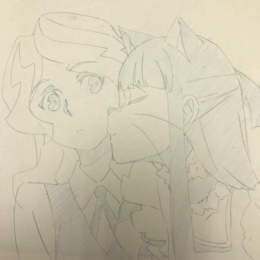 2girls animal_ears cat_ears closed_eyes diana_cavendish highres kagari_atsuko little_witch_academia multiple_girls official_art sketch smelling whiskers yuri