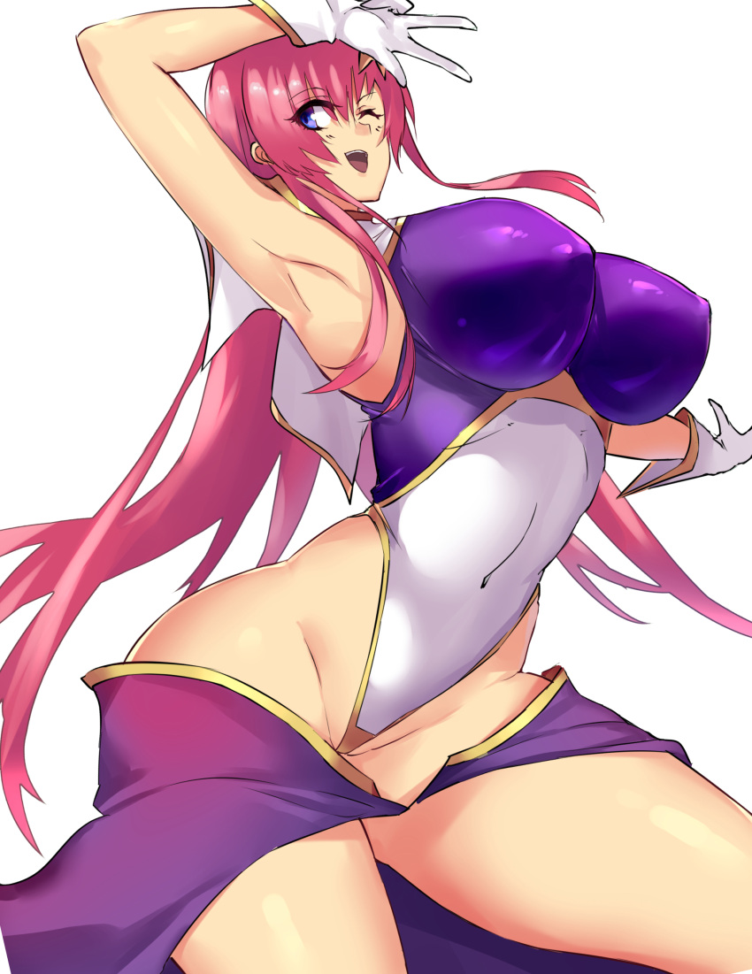 1girl absurdres arm_up armpits breasts erect_nipples gloves gundam gundam_seed highres hips large_breasts long_hair meer_campbell negresco one_eye_closed pink_hair simple_background smile solo thighs very_long_hair violet_eyes white_background white_gloves