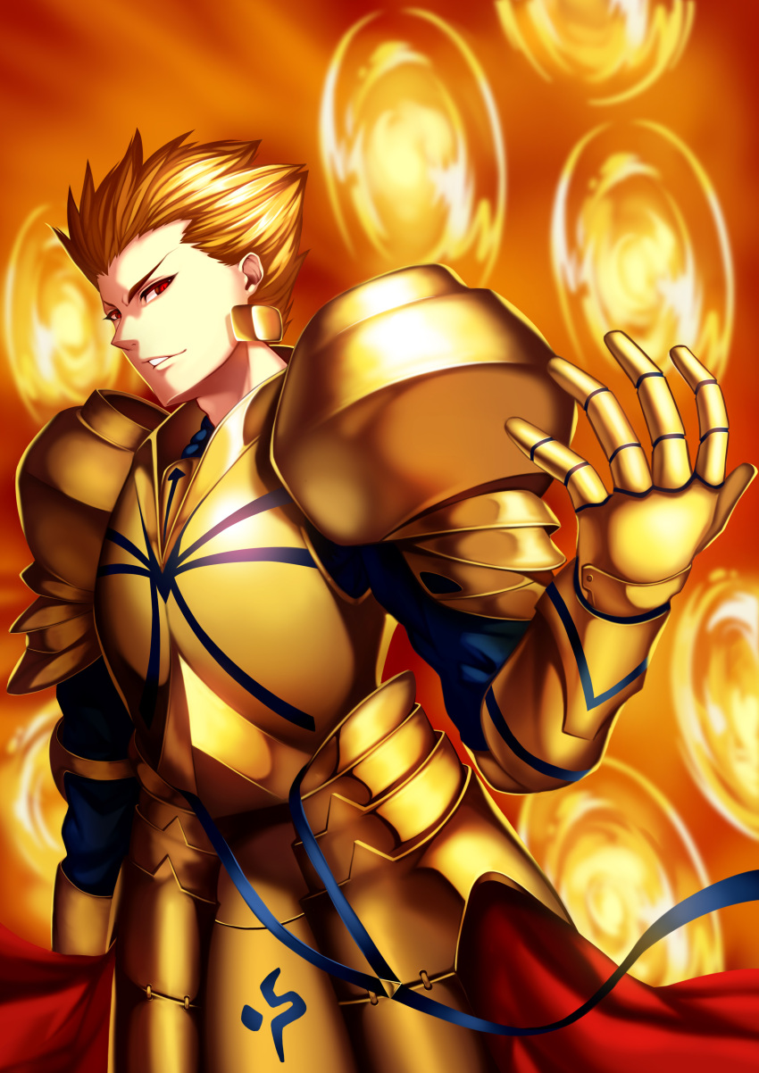 1boy absurdres amor blonde_hair blue_ribbon earrings fate/stay_night fate_(series) gate_of_babylon gilgamesh highres jewelry nekosama_shugyouchuu parted_lips red_eyes ribbon solo spaulders standing