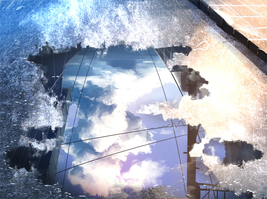 arata_(ochadesu123) blue_sky clouds cloudy_sky day no_humans original outdoors power_lines puddle reflection road scenery sky street town