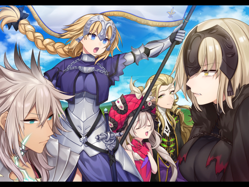 2boys 3girls armor armored_dress banner bare_shoulders blonde_hair blue_eyes braid chains character_request clenched_teeth day fate/grand_order fate_(series) fur_trim gauntlets hair_between_eyes headpiece jeanne_alter karokuchitose letterboxed long_hair looking_at_another marie_antoinette_(fate/grand_order) multiple_boys multiple_girls open_mouth outdoors ruler_(fate/apocrypha) saber_of_black scar silver_hair single_braid teeth very_long_hair yellow_eyes