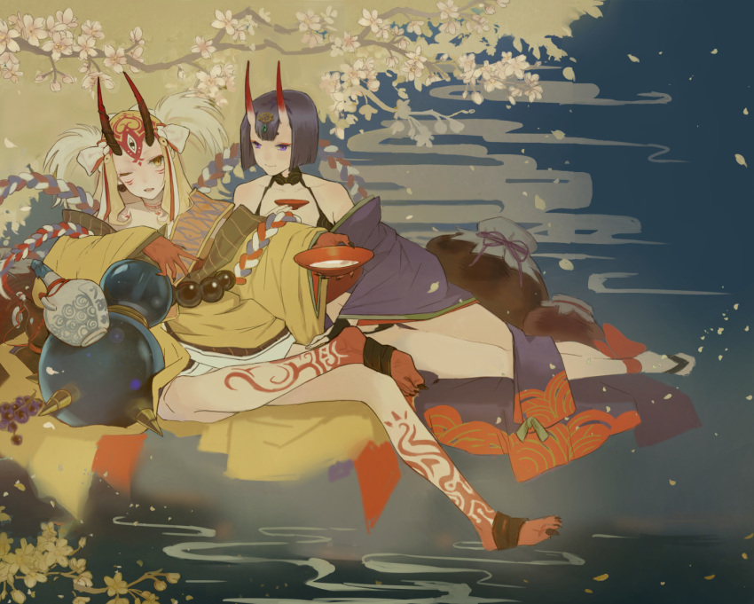 2girls alcohol ankle_ribbon blonde_hair fate/grand_order fate_(series) fingernails highres horns ibaraki_douji_(fate/grand_order) japanese_clothes kimono looking_at_viewer multiple_girls one_eye_closed oni_horns pale_skin purple_hair ravie ribbon sharp_fingernails shuten_douji_(fate/grand_order) violet_eyes yellow_eyes
