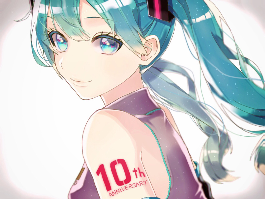 1girl aqua_eyes aqua_hair bangs bare_shoulders close-up closed_mouth commentary_request daluto_(hitomi555) english eyebrows_visible_through_hair from_side hatsune_miku heart_in_eye highres long_hair looking_at_viewer purple_shirt shirt smile solo tattoo twintails vocaloid