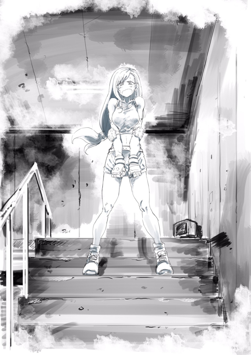 1girl belt blush brass_knuckles ceiling commentary_request crop_top earrings elbow_pads final_fantasy final_fantasy_vii fingerless_gloves gloves greyscale highres jewelry kotoyama long_hair looking_at_viewer low_ponytail monochrome navel open_mouth railing shadow shoes sidelocks skirt skirt_hold solo stairs suspenders sweat television_screen tifa_lockhart wall weapon