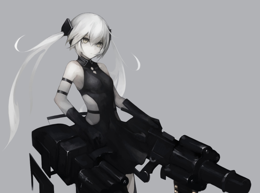 1girl bangs black black_dress breasts closed_mouth destroyer_(girls_frontline) dress expressionless girls_frontline grey grey_background grey_eyes grey_hair gyup91 hair_between_eyes long_hair rigging sidelocks simple_background small_breasts solo twintails very_long_hair