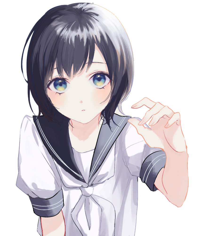 1girl arm_up bangs blue_eyes bob_cut highres looking_at_viewer medium_hair neckerchief original p2_(uxjzz) pale_skin parted_lips sailor_collar school_uniform serafuku shirt short_sleeves simple_background solo white_background white_neckerchief white_shirt