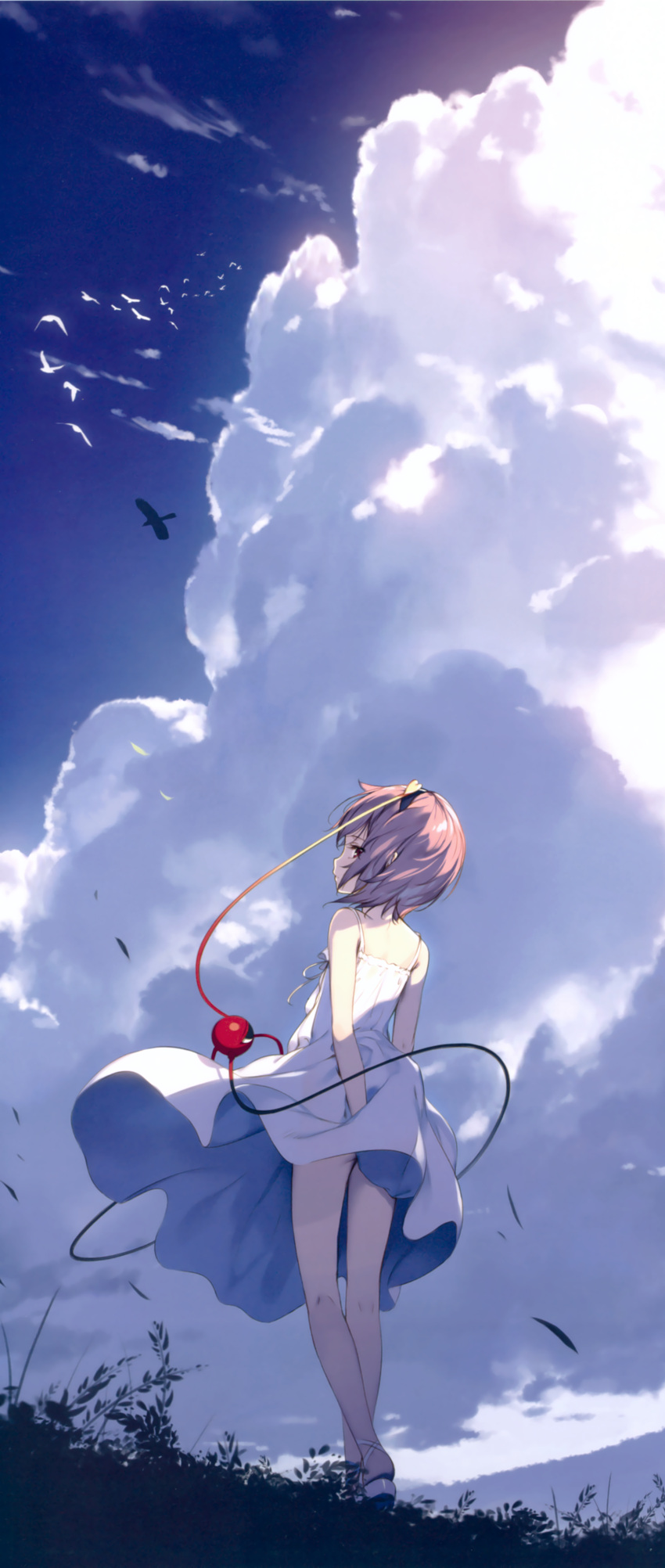1girl absurdres bare_shoulders bird blue_sky breasts clouds cloudy_sky cropped day dress dress_tug from_behind full_body hairband highres ke-ta komeiji_satori outdoors pink_hair profile sandals scan short_hair sky small_breasts solo standing sundress third_eye touhou white_dress