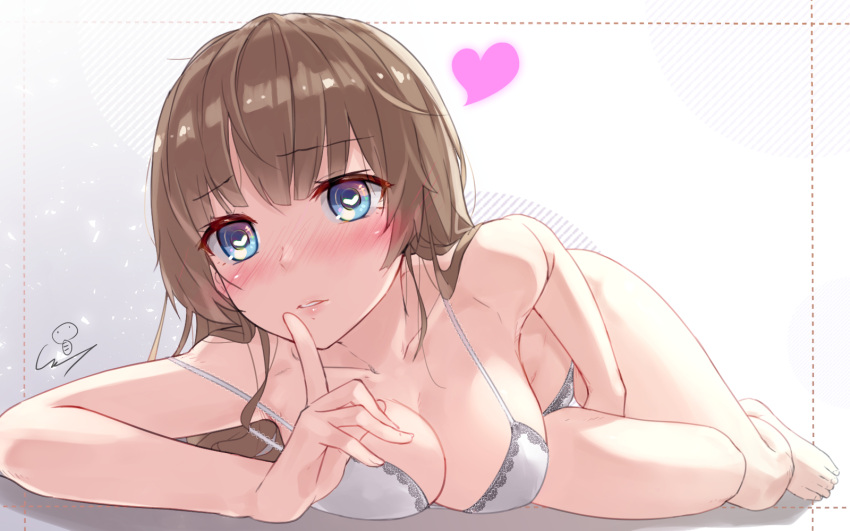 1girl bangs bare_legs barefoot between_legs blue_eyes blush bra breasts brown_hair collarbone dotted_line eyebrows_visible_through_hair finger_to_mouth hand_between_legs heart heart-shaped_pupils highres index_finger_raised large_breasts lips long_hair lying nose_blush on_stomach original panties parted_lips shushing signature solo symbol-shaped_pupils thighs underwear underwear_only wet.elephant white_bra white_panties