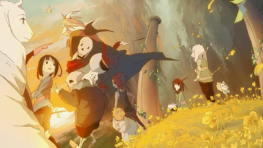 3girls 5boys alphys androgynous annoying_dog asgore_dreemurr asriel_dreemurr beard bird black_eyes blonde_hair bossmonsterbani brown_hair cave chara_(undertale) dog eyepatch facial_hair flower flowey_(undertale) frisk_(undertale) ghost good_end highres hood hoodie horns mettaton mettaton_ex monster_boy monster_girl multiple_boys multiple_girls papyrus_(undertale) ruins sans shirt skeleton spoilers stick striped striped_shirt sunset toriel undertale undyne