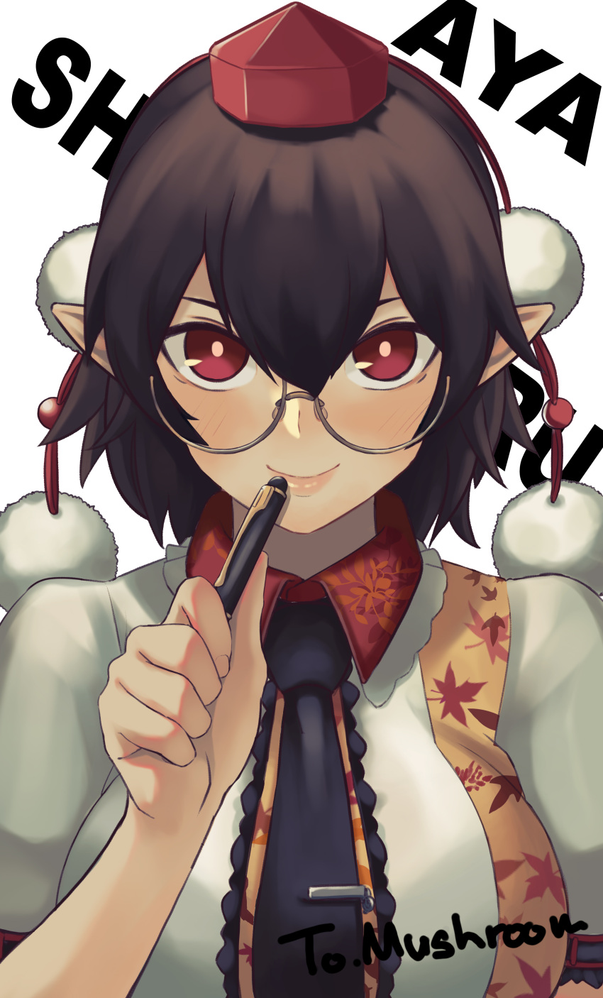 1girl absurdres angrysico bangs bespectacled black_hair black_necktie breasts character_name glasses hat highres holding large_breasts lips looking_at_viewer necktie pen pointy_ears pom_pom_(clothes) red_eyes shameimaru_aya shirt short_sleeves simple_background smile solo tokin_hat touhou upper_body white_background white_shirt wing_collar