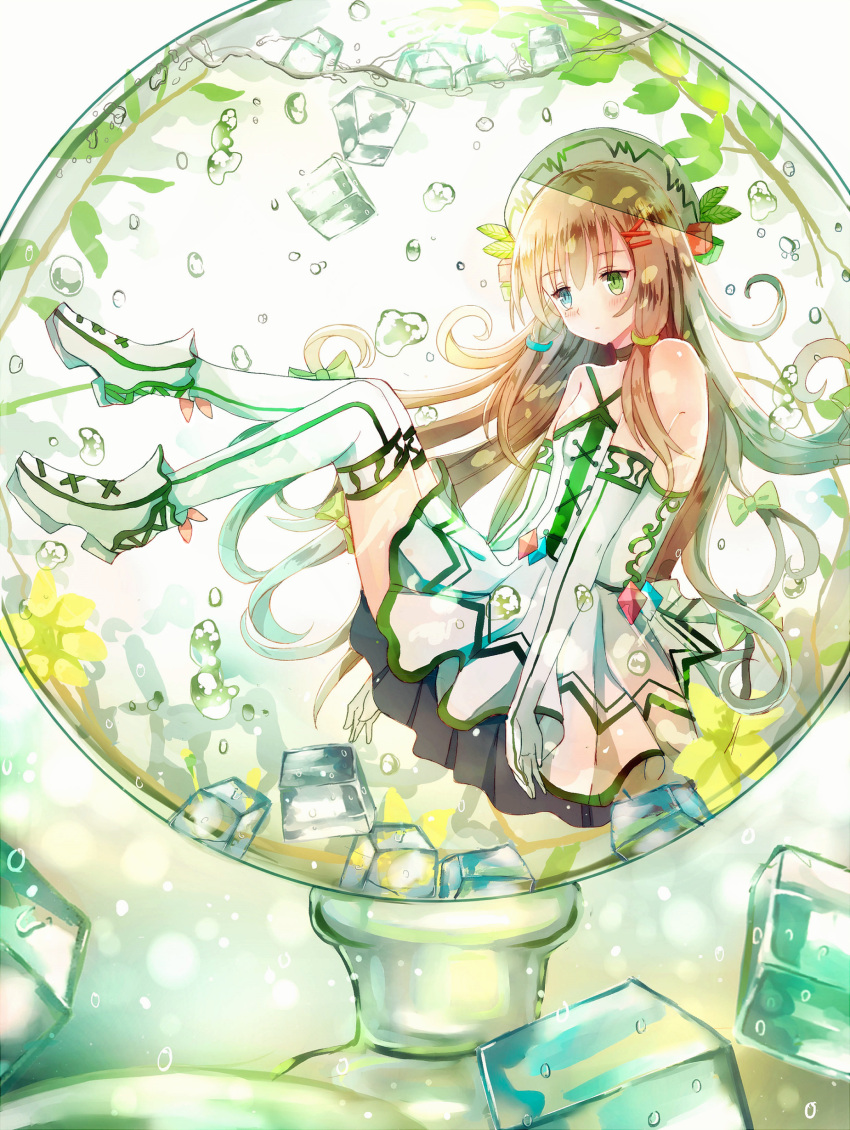 1girl absurdres air_bubble black_skirt bow brown_hair bubble elbow_gloves flat_chest full_body gloves green_bow hair_bow hair_ornament hairclip heterochromia highres ice ice_cube iceblue original shoes skirt solo underwater white_gloves white_legwear white_shoes