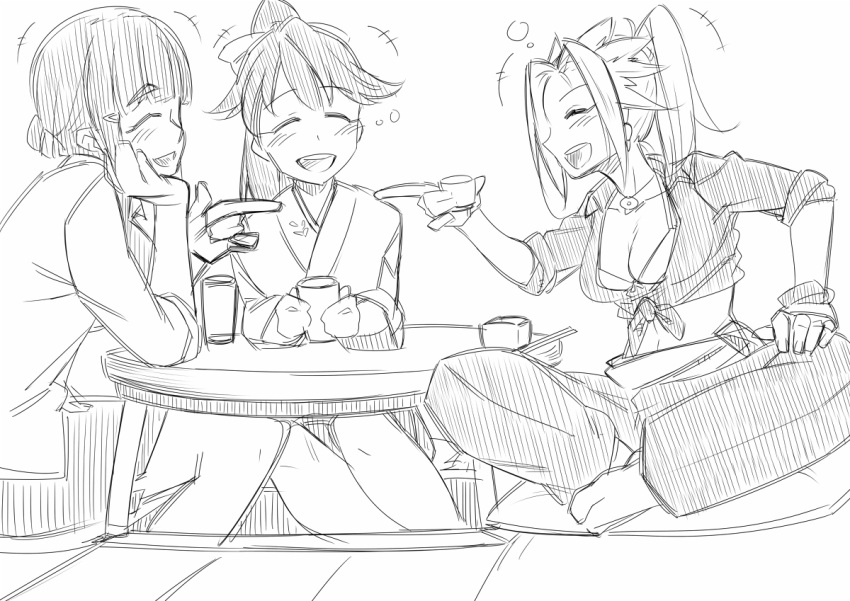 3girls cup drinking_glass hair_ornament houshou_(kantai_collection) japanese_clothes jun'you_(kantai_collection) kantai_collection long_hair minobu_jentoru monochrome multiple_girls myoukou_(kantai_collection) ponytail short_hair spiky_hair table