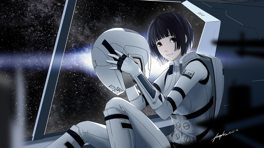 1girl bangs black_eyes black_hair blunt_bangs bob_cut helmet holding holding_helmet hoshijiro_shizuka houtachi looking_at_viewer science_fiction short_hair sidonia_no_kishi sitting smile solo space spacesuit