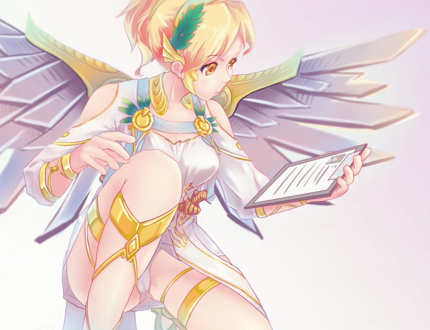 1girl absurdres alternate_costume alternate_hair_color blonde_hair breasts brown_eyes cai_yuan clipboard cowboy_shot dress eyebrows_visible_through_hair head_wreath high_ponytail highres laurel_crown looking_at_clipboard mechanical_wings medium_breasts mercy_(overwatch) one_leg_raised overwatch panties pantyshot short_sleeves sketch solo toga underwear white_dress white_panties winged_victory_mercy wings