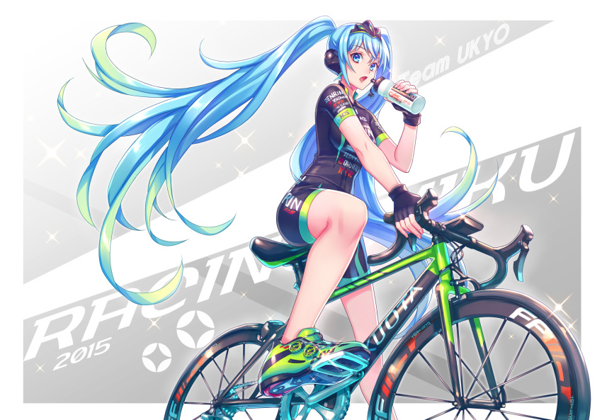 1girl aqua_hair bicycle bike_jersey bike_shorts black_gloves blue_hair bottle fingerless_gloves gloves gradient_hair green_hair green_shoes ground_vehicle hand_up hatsune_miku highres long_hair looking_at_viewer multicolored_hair open_mouth racing_miku shoes sidelocks sneakers solo very_long_hair vocaloid water_bottle zoff_(daria)