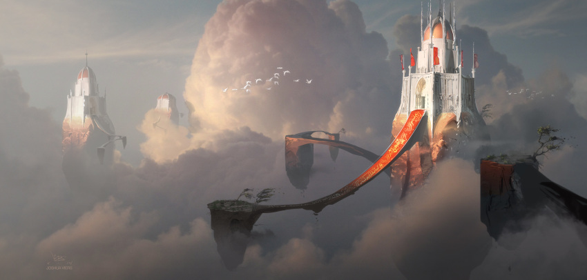 absurdres artist_name bird bridge castle clouds day dome floating_island highres joshua_viers no_humans original outdoors signature tree wind