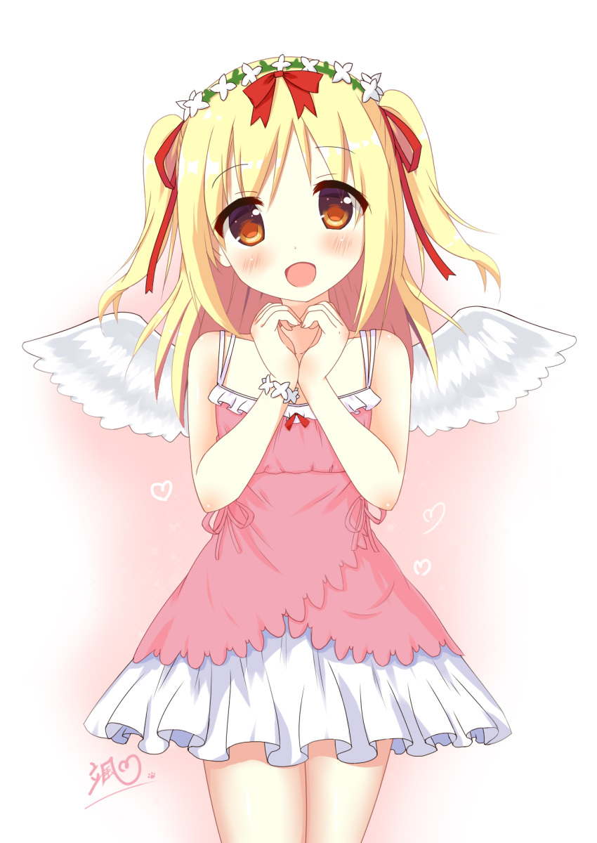 1girl :d bangs bare_arms bare_shoulders blonde_hair blush bow collarbone commentary_request cowboy_shot dress eyebrows_visible_through_hair feathered_wings flower flower_bracelet frilled_dress frills hair_bow hair_flower hair_ornament hair_ribbon hands_up head_tilt heart heart_hands highres layered_dress long_hair looking_at_viewer open_mouth orange_eyes original paw_print pink_dress pink_ribbon red_bow red_ribbon ribbon shiny shiny_skin signature simple_background smile solo standing sundress tareme two_side_up white_background white_wings wings xiaosamiao