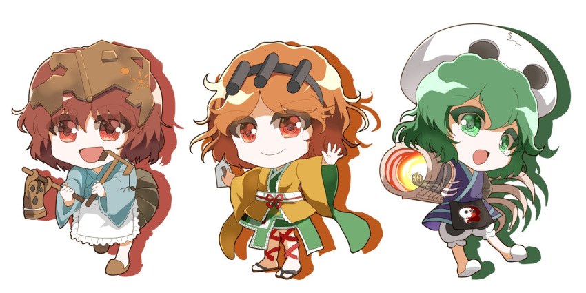 androgynous apron arm_cannon bone bow brilliant_pagoda_or_haze_castle detached_sleeves green_eyes green_hair hair_ornament hairband hakama hakama_skirt helmet japanese_clothes katano_sukune kijipoko kitsugai_sese len'en open_mouth orange_hair red_eyes redhead short_hair skirt skull_hair_ornament smile weapon zuifeng_tenkai