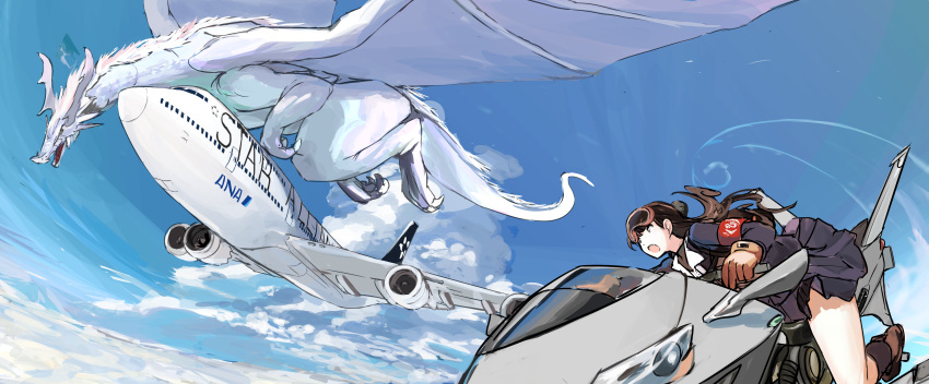 1girl absurdres aircraft airplane armband blue_sky brown_hair clouds cloudy_sky commentary_request day dragon gloves goggles highres long_hair morakkyo_(mephilas_g3) original riding sky