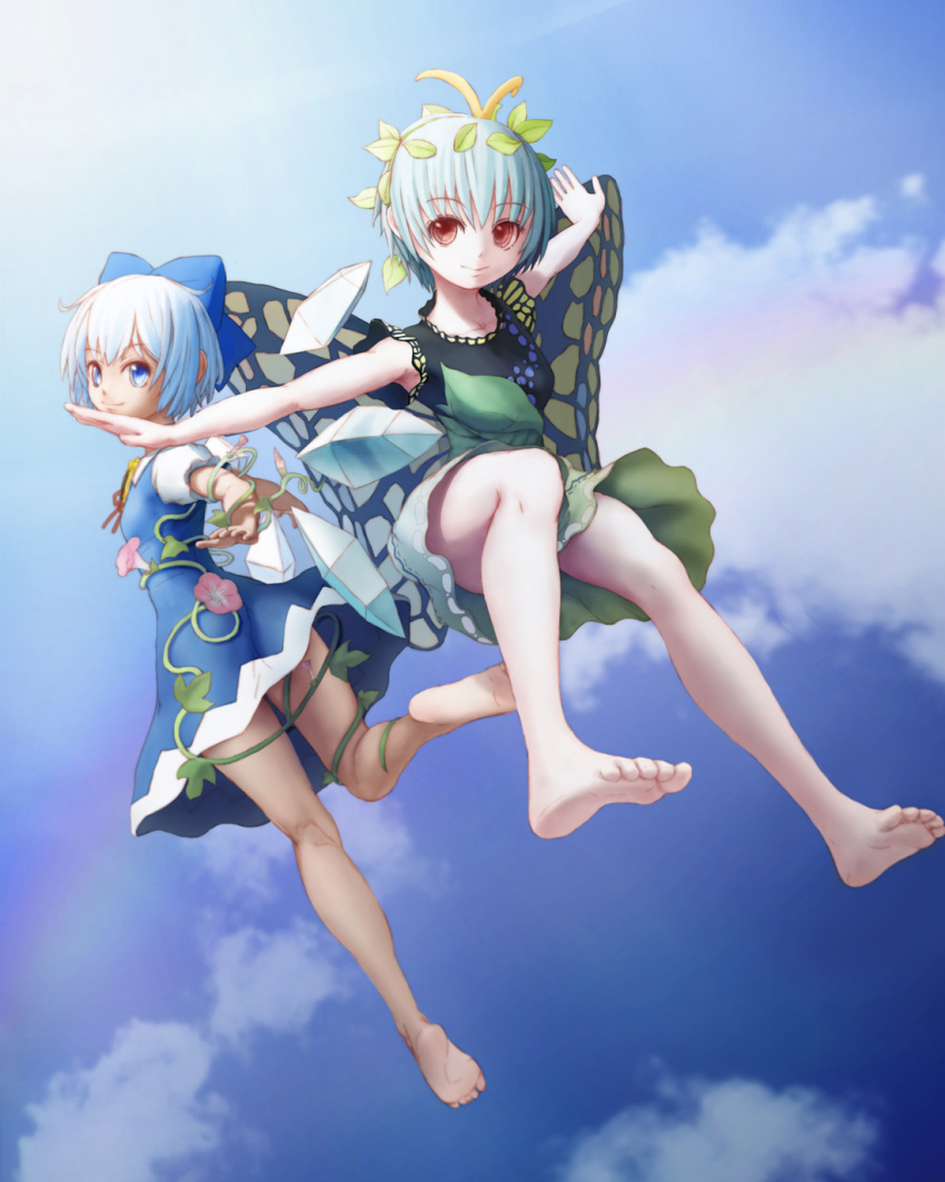 2girls antennae bare_arms bare_legs barefoot blue_bow blue_dress blue_eyes blue_hair blue_sky bow butterfly_wings cirno closed_mouth clouds cloudy_sky day dress eternity_larva green_dress hair_bow highres ice ice_wings leaf leaf_on_head looking_at_viewer multiple_girls outdoors outstretched_arms red_eyes short_dress short_hair sky sleeveless smile touhou wings yossu?