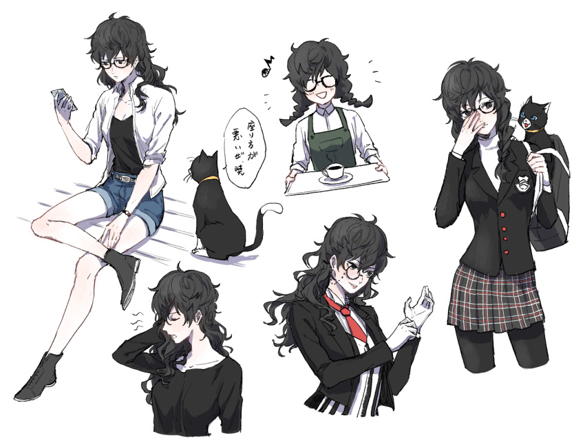 1girl black_hair braid butler cat cellphone coffee_cup collage eikaeikiaka female genderswap genderswap_(mtf) glasses kurusu_akira long_hair monocle morgana_(persona_5) musical_note necktie pantyhose persona persona_5 phone plaid plaid_skirt school_uniform short_shorts shorts skirt smartphone smile tray twin_braids