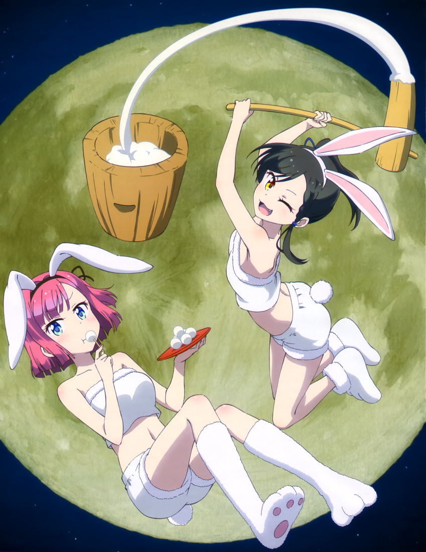 2girls :3 absurdres bare_shoulders black_hair blue_eyes bunnysuit fang food highres looking_at_viewer mochizuki_momiji multiple_girls narumi_tsubame navel new_game! official_art one_eye_closed open_mouth pink_hair yellow_eyes