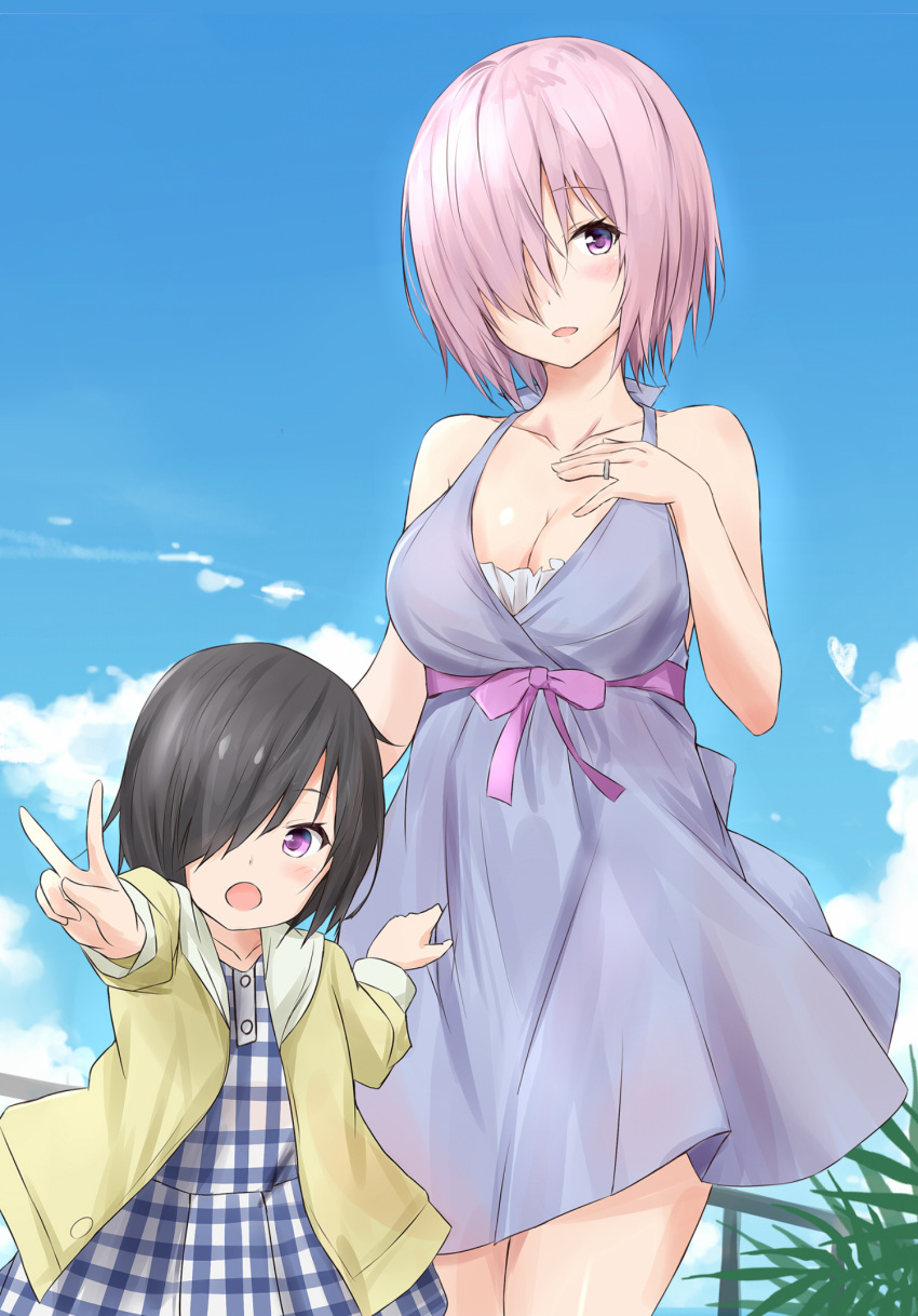2girls :o bangs bare_shoulders black_eyes blue_dress blue_sky blush breasts cleavage clouds cloudy_sky collarbone day dress eyebrows_visible_through_hair fate/grand_order fate_(series) hair_over_one_eye hand_on_own_chest highres hood hoodie jewelry large_breasts looking_at_viewer mother_and_daughter multiple_girls open_clothes open_hoodie open_mouth outdoors parted_lips plaid plaid_dress purple_hair ring saku_(kudrove) shielder_(fate/grand_order) sky v violet_eyes younger