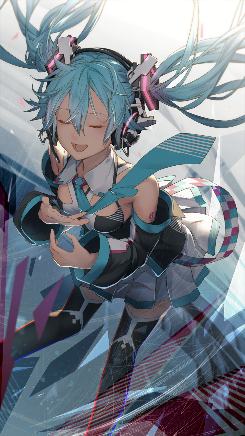 1girl absurdres arm_tattoo black_legwear blue_hair blue_necktie blush breasts closed_eyes commentary_request detached_sleeves floating_hair foreshortening gradient gradient_background hair_between_eyes hair_ornament hatsune_miku headset highres leaning_forward legs_apart long_hair long_sleeves medium_breasts miya-ki_(miya_key) necktie number_tattoo open_mouth pleated_skirt skirt solo standing tattoo thigh-highs twintails very_long_hair vocaloid white_skirt wing_collar zettai_ryouiki