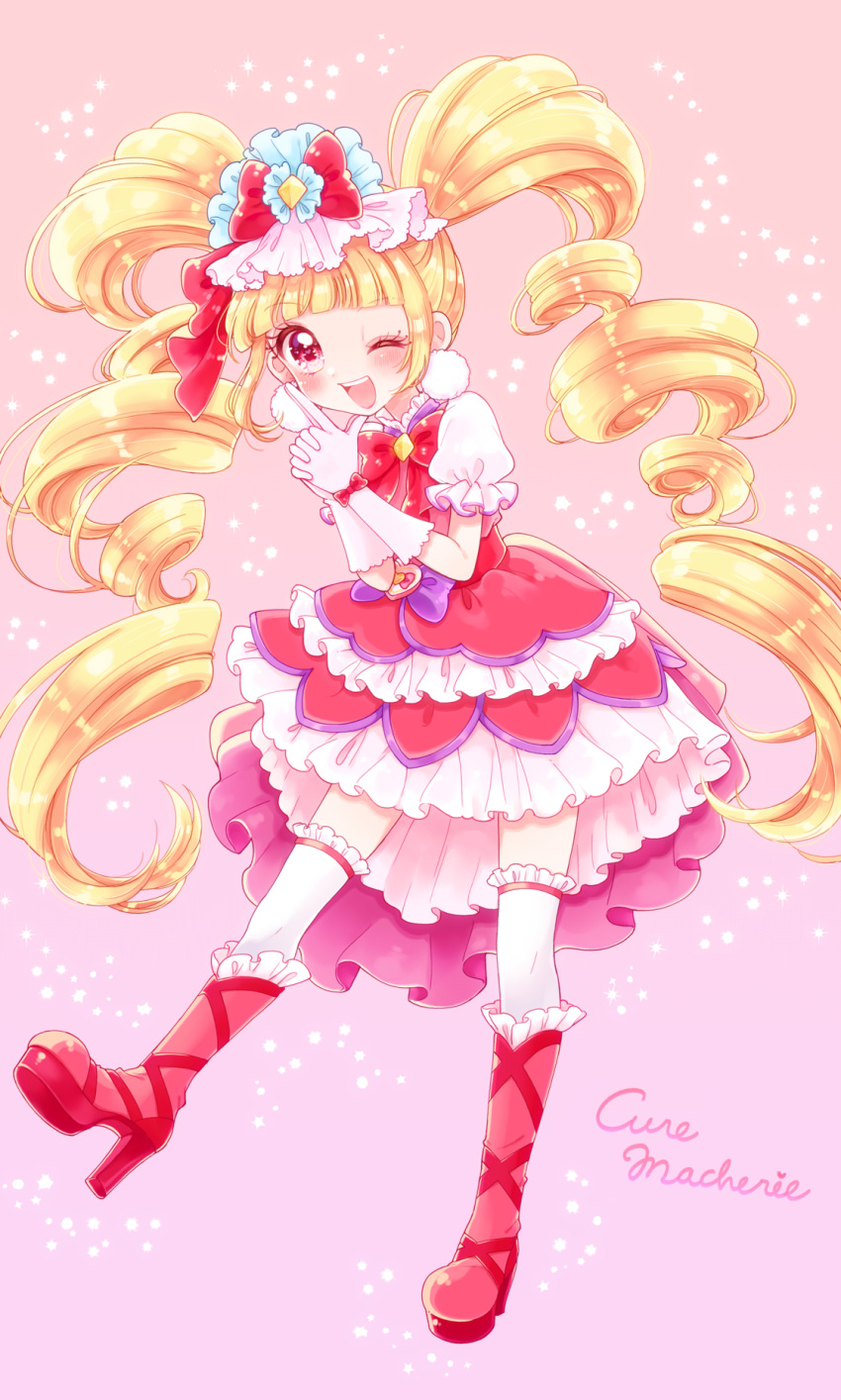 1girl ;d aisaki_emiru blonde_hair boots bow character_name cure_macherie curly_hair diamond-shaped_brooch dress earrings frilled_legwear gloves gradient gradient_background hair_bow highres hugtto!_precure jewelry knee_boots kuzumochi layered_dress legs_apart long_hair looking_at_viewer magical_girl one_eye_closed open_mouth pink_background pom_pom_(clothes) pom_pom_earrings pouch precure purple_bow red_bow red_dress red_eyes red_footwear shiny shiny_hair smile solo thigh-highs twintails waist_bow white_gloves white_legwear