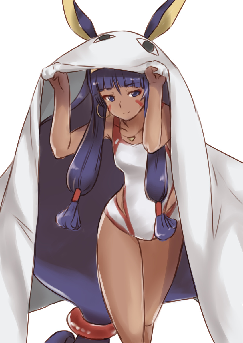 1girl absurdres dark_skin earrings facial_mark fate/grand_order fate_(series) highres hoop_earrings jewelry long_hair low-tied_long_hair minatototon1020 nitocris_(swimsuit_assassin)_(fate) one-piece_swimsuit purple_hair smile swimsuit very_long_hair violet_eyes white_background