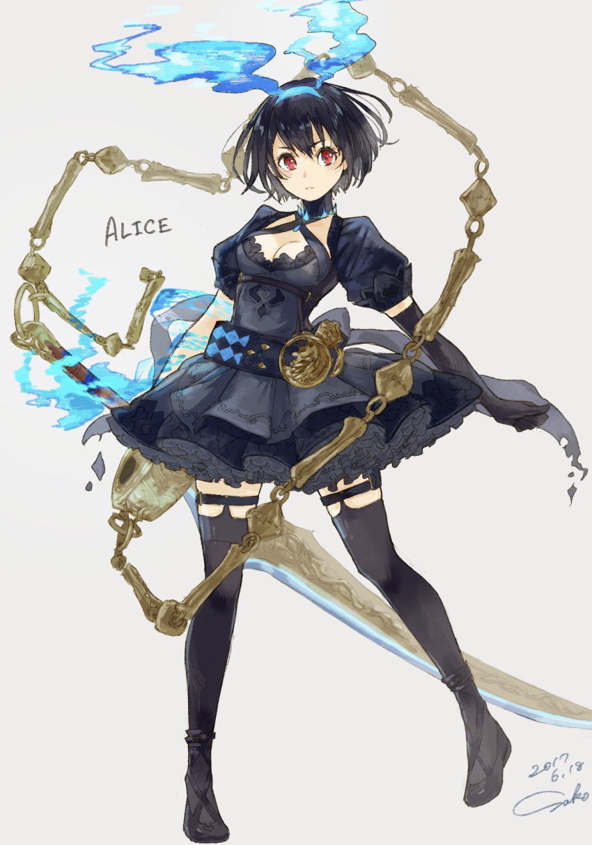 &gt;:| 1girl alice_(sinoalice) belt black_dress black_gloves black_hair black_legwear black_shoes breasts character_name choker closed_mouth dated dress elbow_gloves eyebrows_visible_through_hair frilled_dress frills gloves grey_background hairband halterneck highres huge_weapon looking_at_viewer magic medium_breasts red_eyes sako_(user_ndpz5754) shoes short_hair signature simple_background sinoalice solo standing thigh-highs weapon