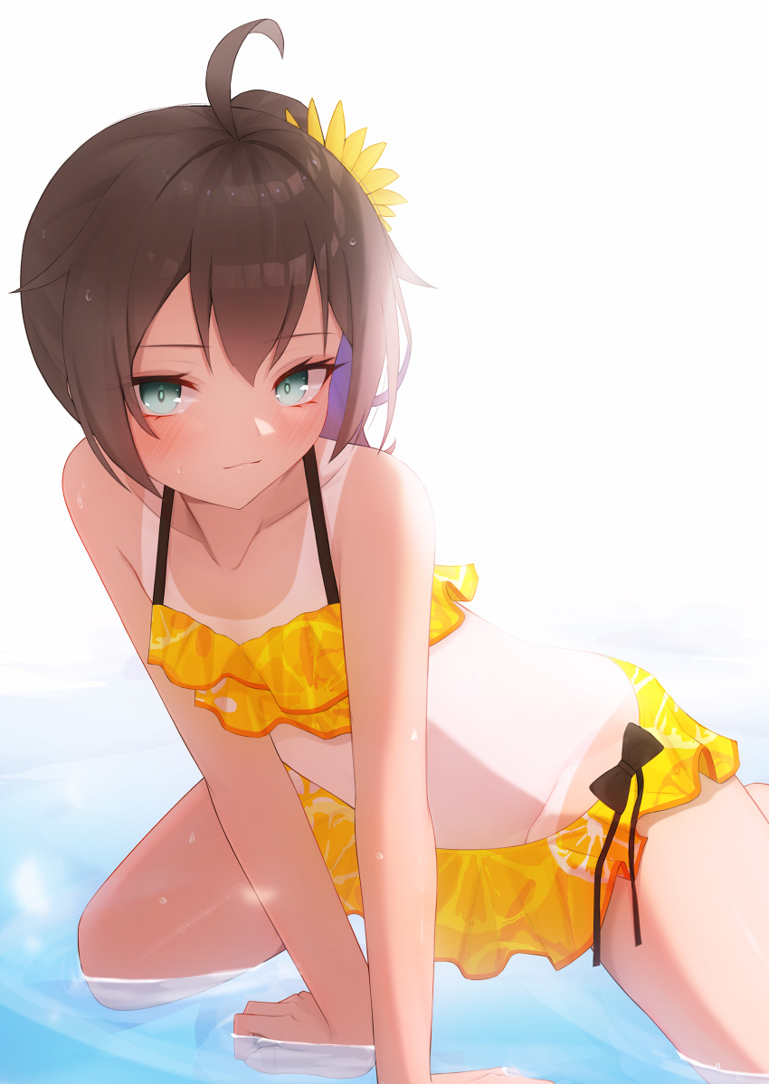 1girl absurdres ahoge aqua_eyes arm_support arms_between_legs bikini bikini_skirt blush brown_hair embarrassed flower frilled_bikini frills hair_flower hair_ornament highres hololive kneeling leaning_forward looking_at_viewer natsuiro_matsuri one-piece_tan short_hair side_ponytail solo sunflower swimsuit tan tanlines thomas_8000 virtual_youtuber water yellow_bikini