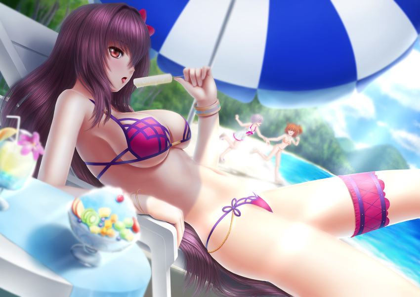3girls beach bracelet dutch_angle fate/grand_order fate_(series) food forest jewelry looking_to_the_side masatoki multiple_girls nature popsicle purple_hair scathach_(fate/grand_order) shielder_(fate/grand_order) skindentation swimsuit tongue tongue_out tray umbrella violet_eyes