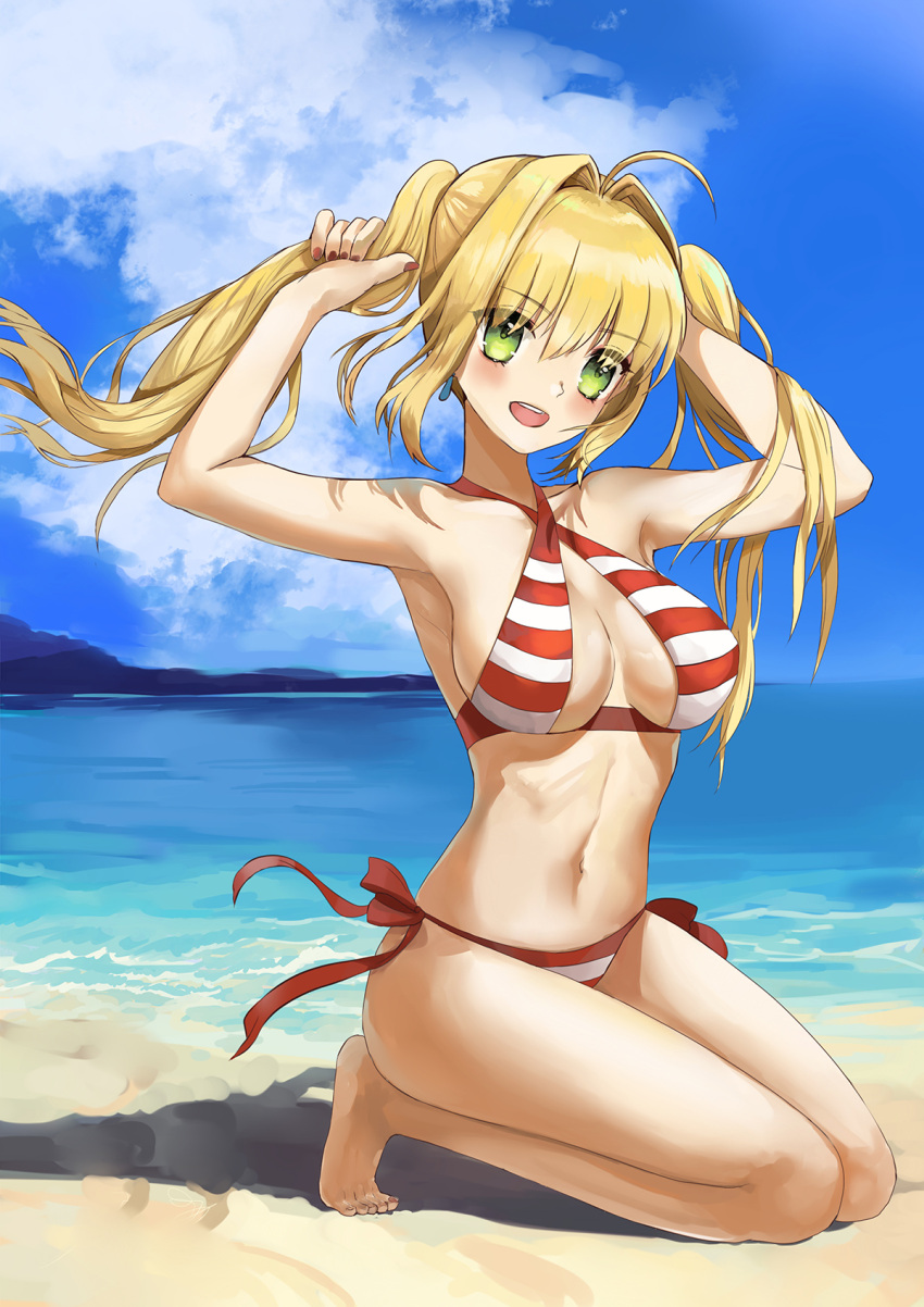 1girl armpits beach bikini blue_sky breasts clouds day earrings fate/grand_order fate_(series) fingernails green_eyes highres horizon jewelry kneeling long_hair looking_at_viewer medium_breasts nail_polish navel nero_claudius_(swimsuit_caster)_(fate) ocean open_mouth outdoors red_nails saber_extra sand side-tie_bikini sky smile solo striped striped_bikini swimsuit twintails wumumu