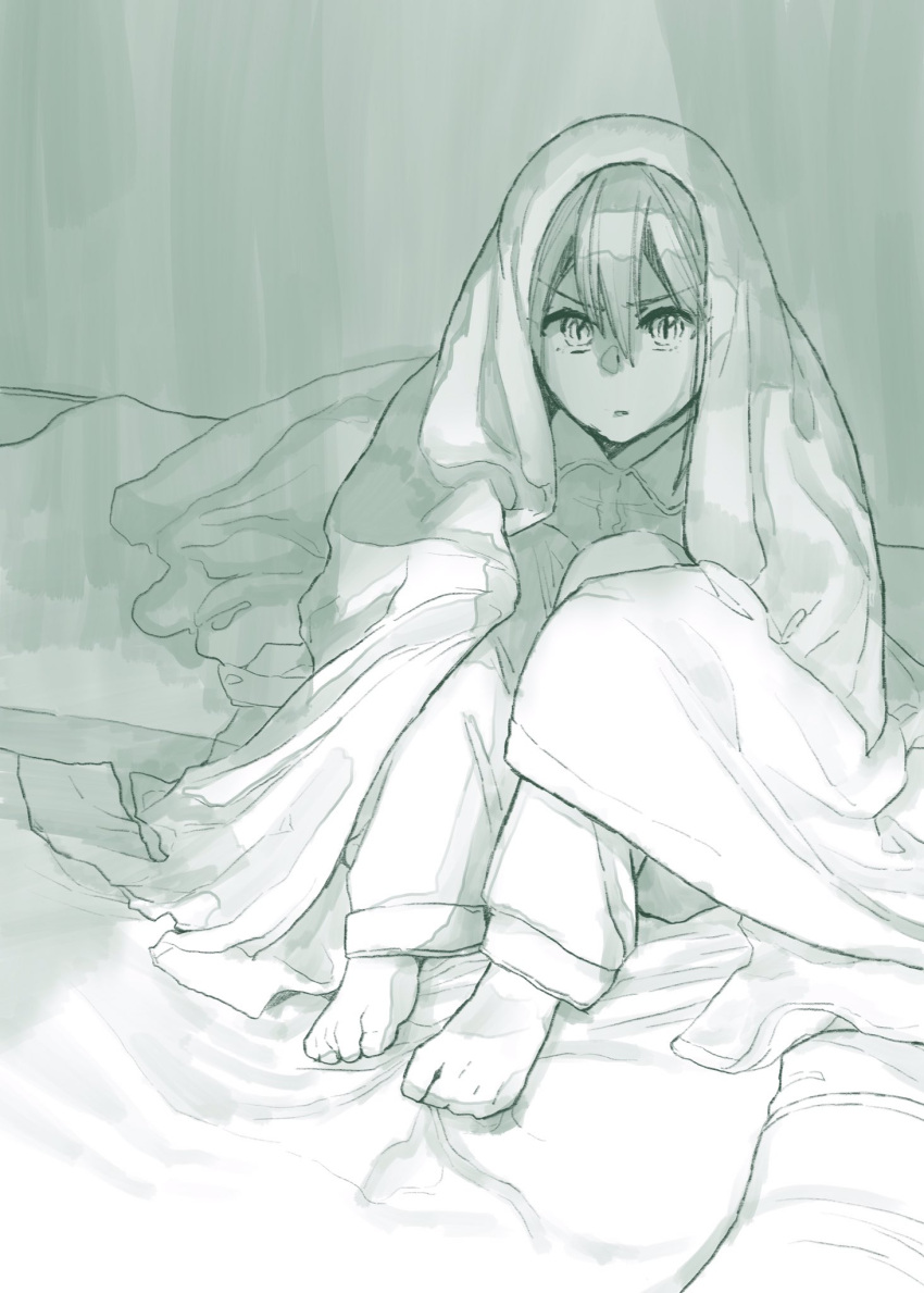 1girl alternate_costume alternate_hairstyle barefoot blanket collared_shirt covering_head eyebrows_visible_through_hair frown full_body hair_between_eyes highres kantai_collection long_hair looking_at_viewer monochrome pajamas pillow shaded_face shirt sitting solo tone_(kantai_collection) yami_(m31)