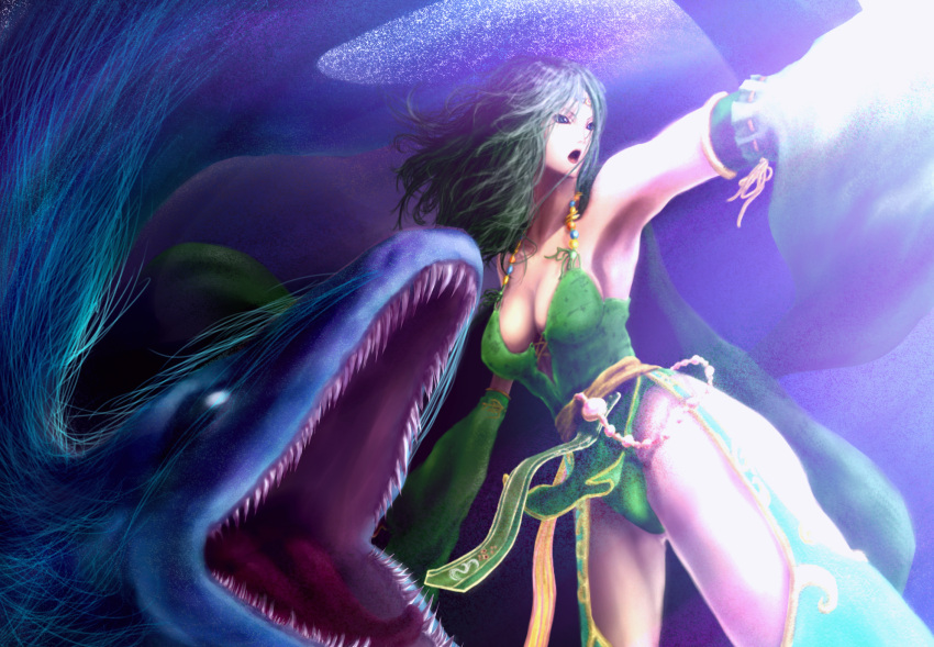 1girl armpits bangs blue_eyes breasts cleavage commentary_request cowboy_shot detached_sleeves final_fantasy final_fantasy_iv green_hair green_legwear green_leotard highres large_breasts leotard leviathan_(final_fantasy) long_hair looking_to_the_side older open_mouth outstretched_arm pelvic_curtain rydia serpent spoilers standing thigh-highs tiara y"s