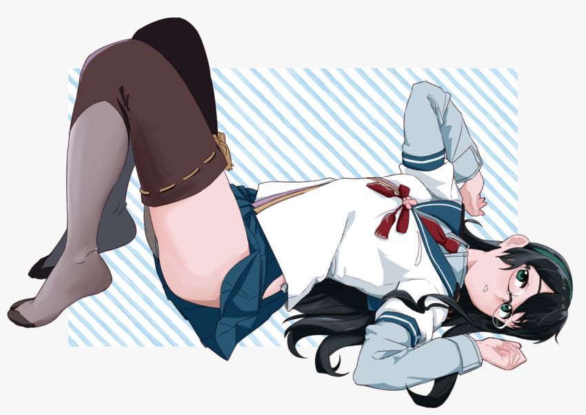 1girl black_hair full_body glasses green_eyes hair_ribbon hip_vent kantai_collection lace lace-trimmed_thighhighs long_hair lying ojipon on_back ooyodo_(kantai_collection) pleated_skirt ribbon sailor_collar school_uniform serafuku sitting skirt solo thigh-highs tress_ribbon