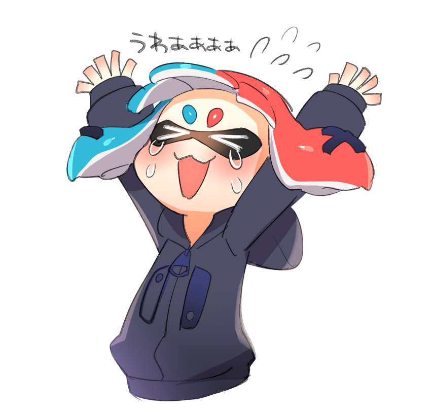&gt;_&lt; 1girl :3 arms_up bangs blue_jacket blunt_bangs closed_eyes cropped_torso crying domino_mask fangs flying_sweatdrops highres hood hoodie inkling jacket long_hair mask multicolored_hair nintendo_switch open_mouth pointy_ears puchiman simple_background solo splatoon standing tentacle_hair two-tone_hair upper_body white_background zipper