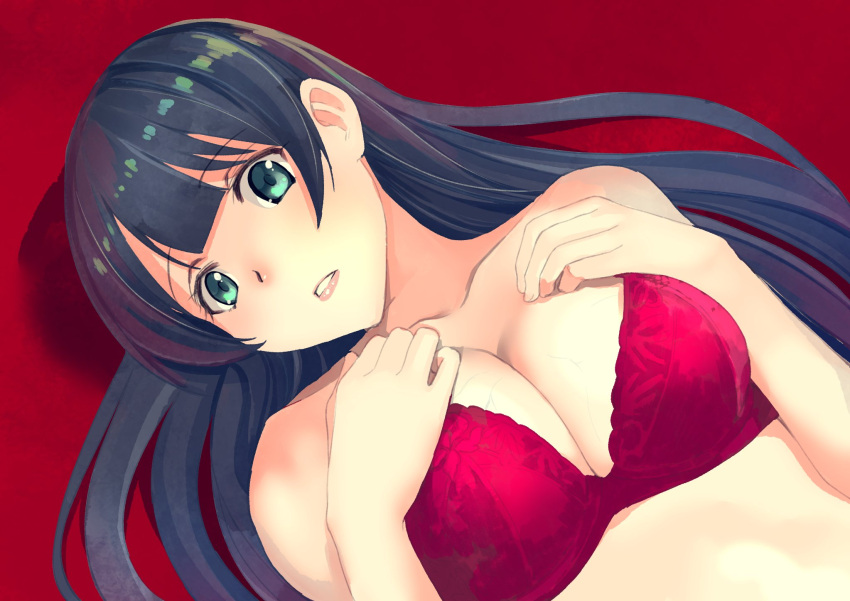 1girl agano_(kantai_collection) black_hair bra breasts green_eyes highres kantai_collection large_breasts long_hair masukuza_j open_mouth red_background red_bra simple_background solo underwear veins veiny_breasts